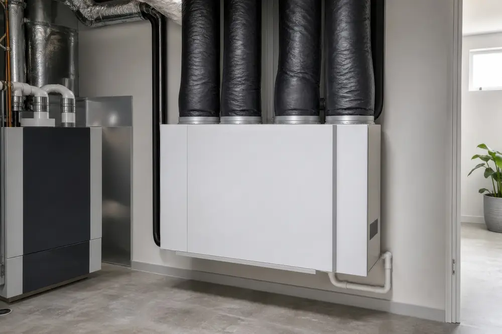 Ett vitt ventilationsaggregat med isolerade kanaler i ett teknikrum